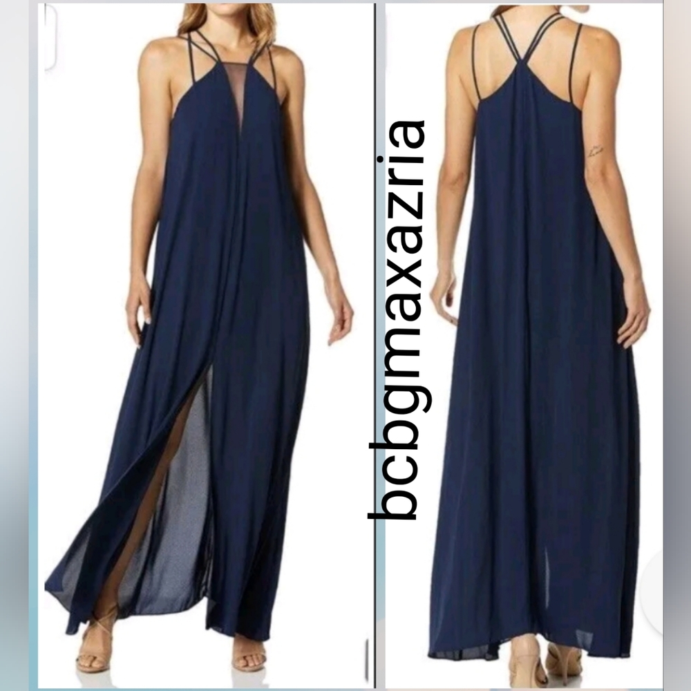 NEW  BCBGMAXAZRIA NAVY Karina Sleeveless Gown Front Slit Dress MSRP $268